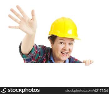 Female construction worker waving. Design element over blank white space.
