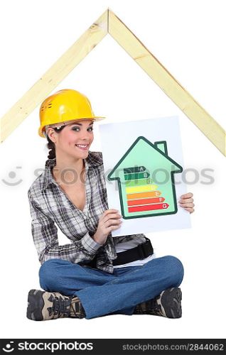 Female construction worker with an energy rating sign
