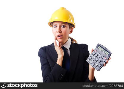 Female construction worker with calculator