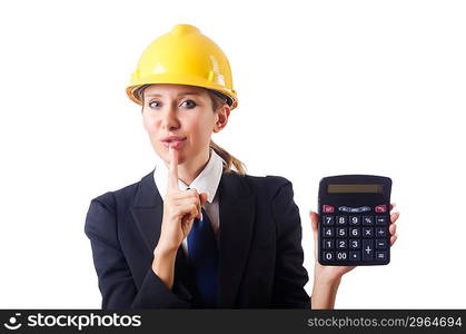 Female construction worker with calculator