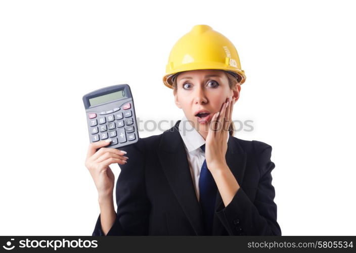 Female construction worker with calculator