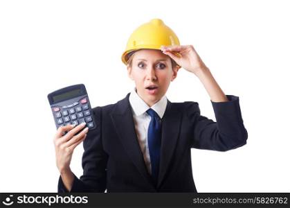 Female construction worker with calculator