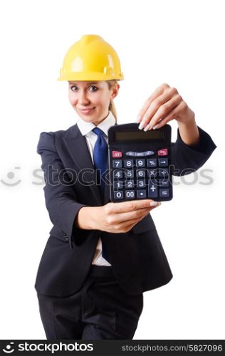 Female construction worker with calculator