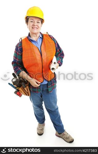 Female construction worker with her tools and blueprints. Isolated on white.