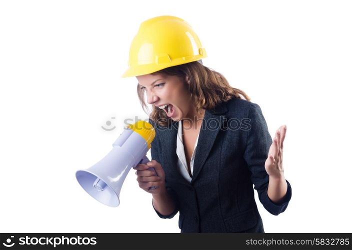 Female construction worker with loudspeaker