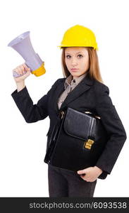 Female construction worker with loudspeaker isolated on white