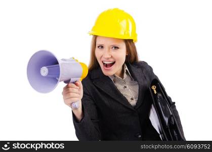 Female construction worker with loudspeaker isolated on white