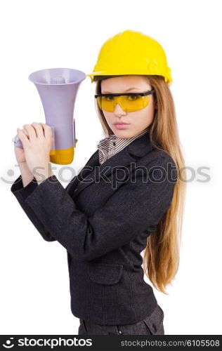 Female construction worker with loudspeaker isolated on white
