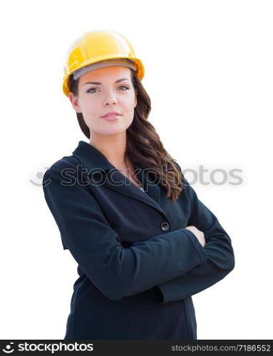 Female Contractor In Hard Hat Isolated On White.