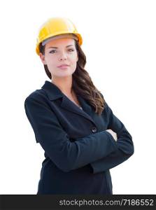 Female Contractor In Hard Hat Isolated On White.