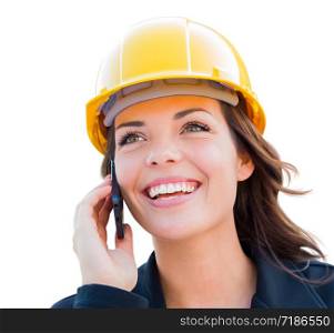 Female Contractor In Hard Hat Using Cell Phone Isolated On White.