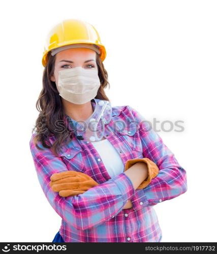 Female Contractor In Hard Hat Wearing Medical Face Mask During Coronavirus Pandemic Isolated on White.