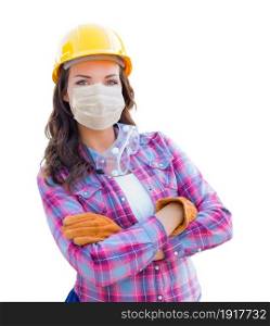 Female Contractor In Hard Hat Wearing Medical Face Mask During Coronavirus Pandemic Isolated on White.