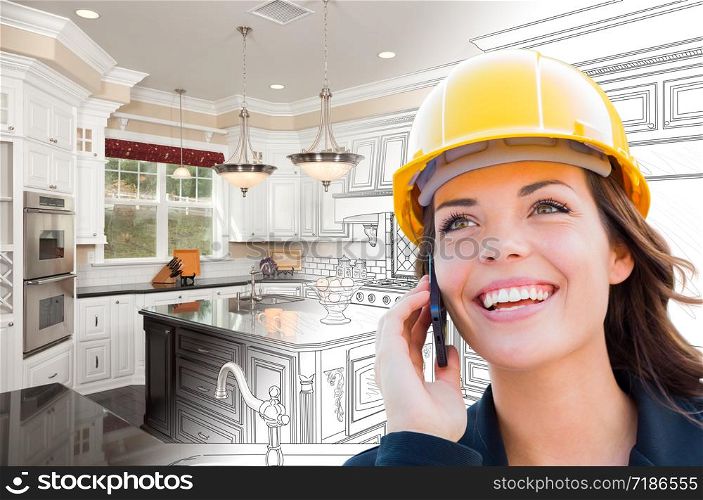 Female Contractor Using Cell Phone Over Kitchen Drawing Gradating to Photo.