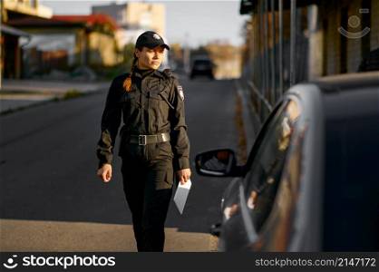 Female cop coming to car. Road patrol police service. Moving violation such as exceeding speed limit. Female cop coming to car on road