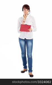 Female customer service representative with headset and clipboard in thoughtful pose, isolated on white background.