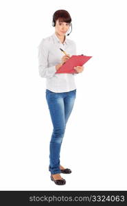 Female customer service representative with headset and clipboard, isolated on white background.