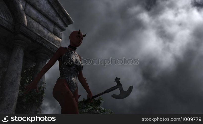 Female demon in old spooky mausoleum in moonlight - 3d rendering. Female demon in old spooky mausoleum in moonlight