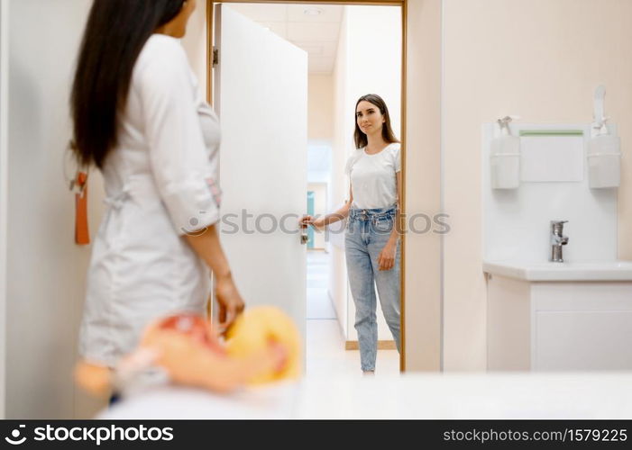 Female dentist and patient in clinic, stomatology. Doctor in uniform, woman at appointment, medical worker, medicine and health, professional teeth care, dentistry. Female dentist and patient in clinic, stomatology