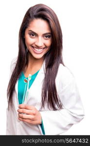 Female dentist doctor showing dental mirror and toothbrush