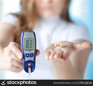 Female Diabetic Doing a Glucose Level Finger Blood Test at Home . High Level of Blood Sugar
