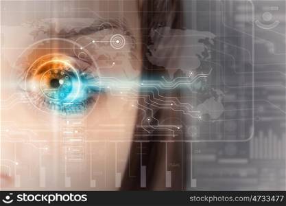 Female digital eye. Close up of woman eye in process of scanning