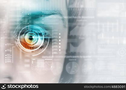 Female digital eye. Close up of woman eye in process of scanning