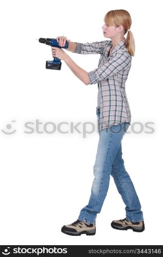 Female DIY fan holding power drill