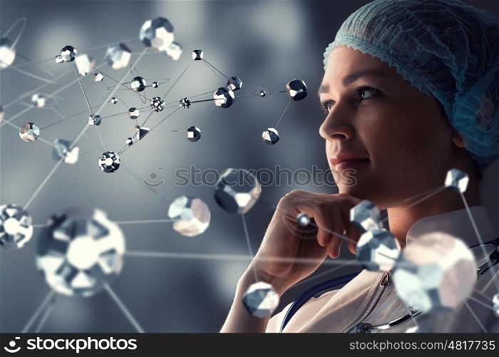 Female doctor and new technologies. Innovative technologies as concept in science and medicine