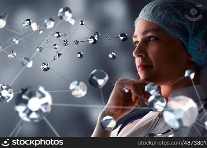Female doctor and new technologies. Innovative technologies as concept in science and medicine