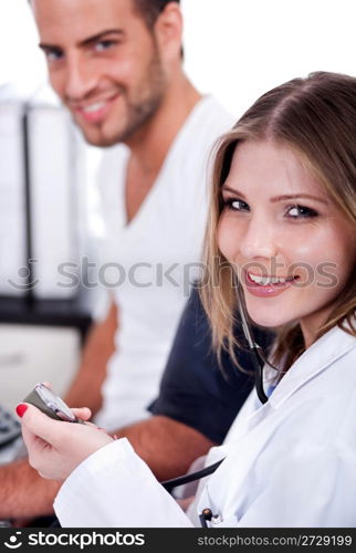 Female doctor checking blood pressure to her male patient