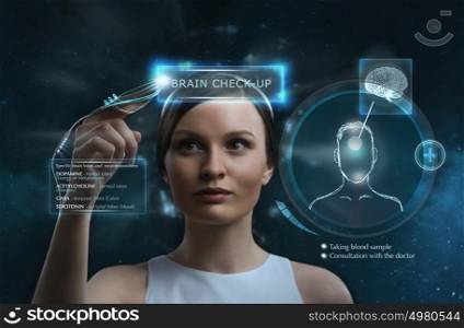 Female doctor doing checkup of human brain using futuristic computer technology