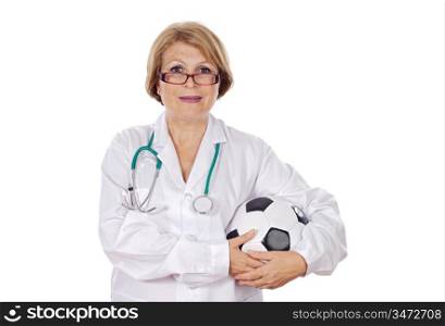 Female doctor holding soccer ball over white background