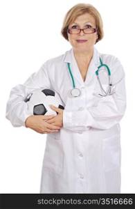 Female doctor holding soccer ball over white background