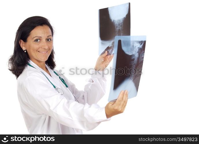 Female doctor looking to x-ray picture over white background