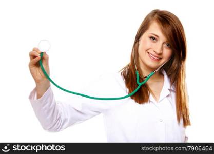 Female doctor or nurse holding stethoscope. Medical person for health insurance. Isolated on white background
