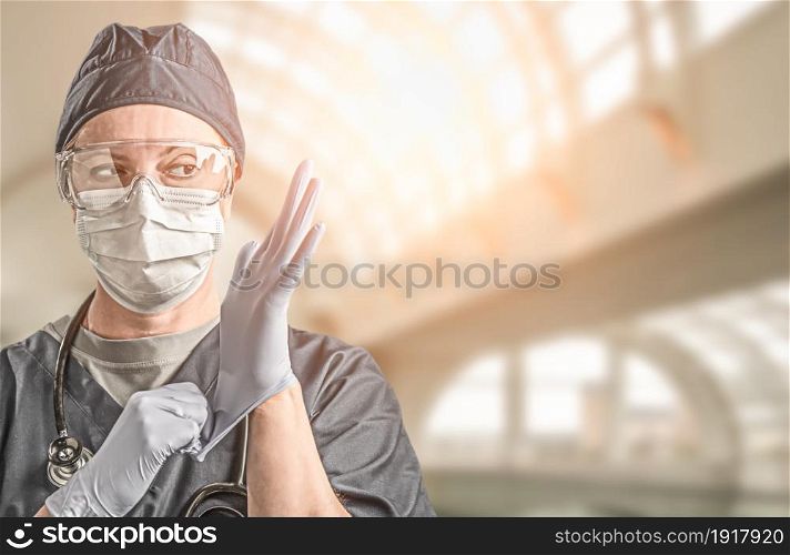 Female Doctor or Nurse Wearing Scrubs, Protective Face Mask and Goggles Banner.