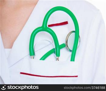 Female doctor or nurse with stethoscope inside lab coat pocket. Medical person for health insurance. Isolated on white background