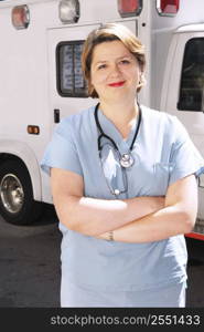 Female doctor or paramedic in front of an ambulance