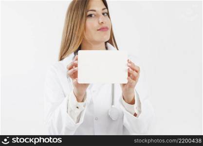female doctor showing paper