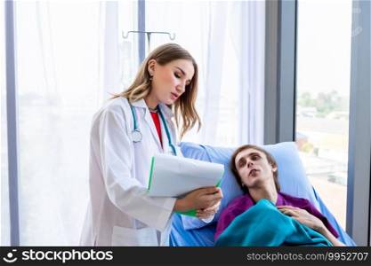 female doctor therapeutic advising with positive emotions  hold clipboard to a man patient on Bed in white hospital background.
