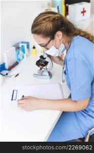 female doctor wearing mask writing clipboard laboratory