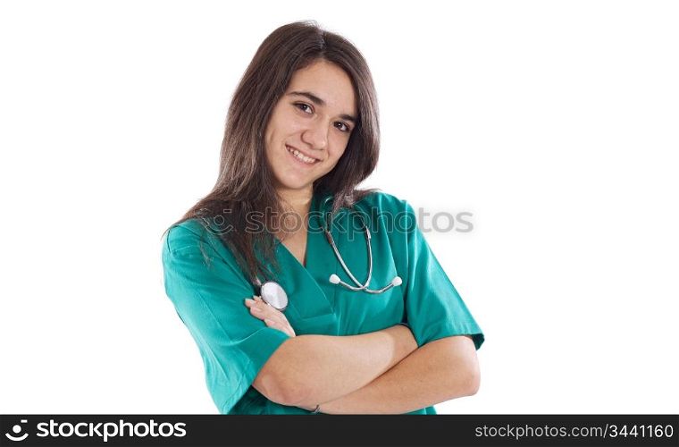 female doctor with a stethoscope over white background