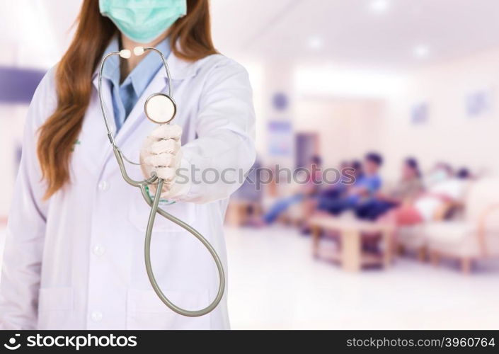 Female doctor with mask and stethoscope isolated on white background