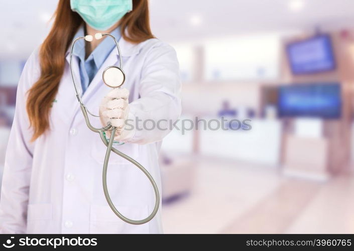 Female doctor with mask and stethoscope isolated on white background