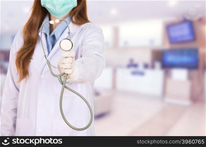 Female doctor with mask and stethoscope isolated on white background