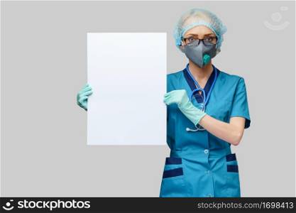 female doctor with stethoscope wearing protective mask and latex gloves holding blank sign over light grey background.. female doctor with stethoscope wearing protective mask and latex gloves holding blank sign over light grey background