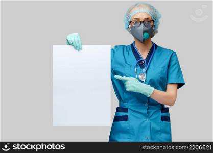female doctor with stethoscope wearing protective mask and latex gloves holding blank sign over light grey background.. female doctor with stethoscope wearing protective mask and latex gloves holding blank sign over light grey background