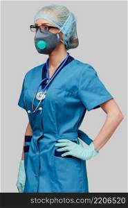 female doctor with stethoscope wearing protective mask and latex gloves over light grey background.. female doctor with stethoscope wearing protective mask and latex gloves over light grey background