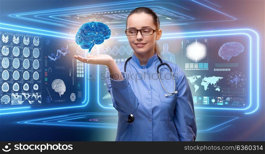 Female doctor with the brain in medical concept
